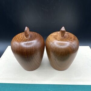 Salt & Pepper Shakers Set Carved Apple Wood w Cork Stoppers‎ Vintage 60s MCM